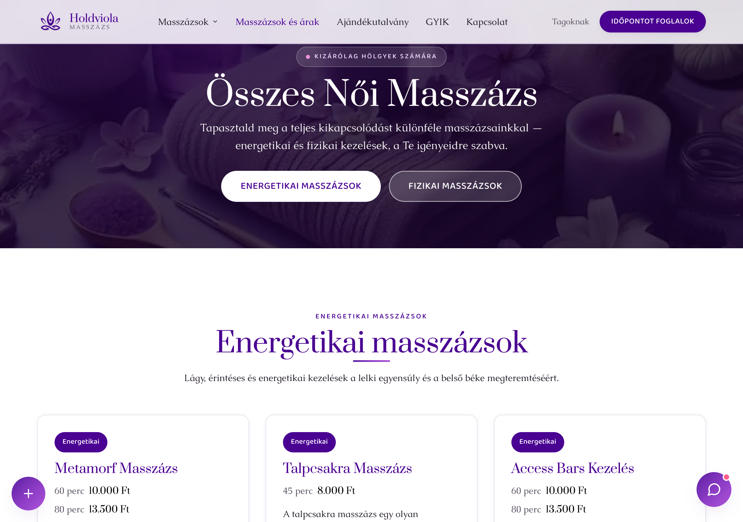 Masszázsok és árak oldal
