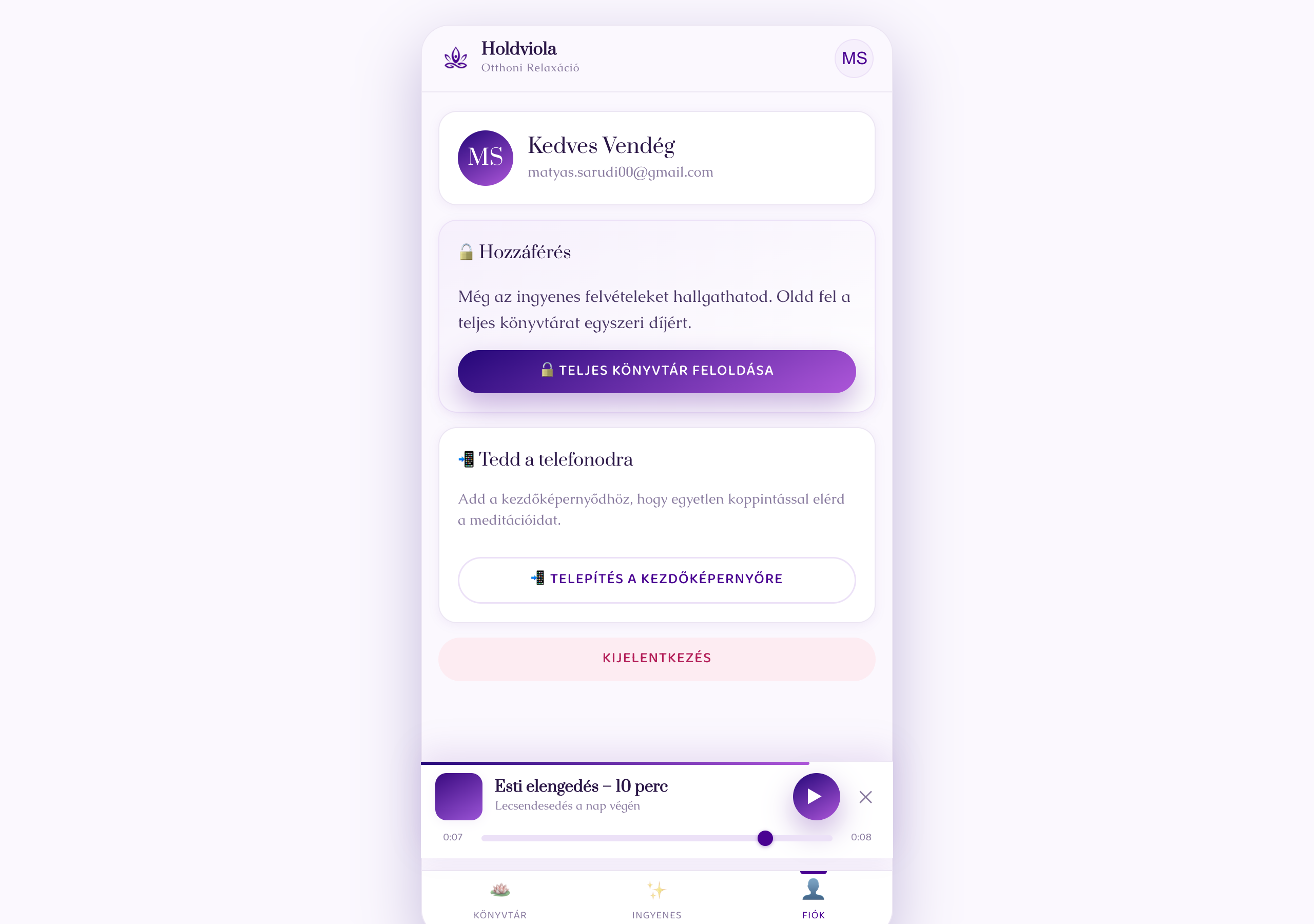 Tag app fiók oldal
